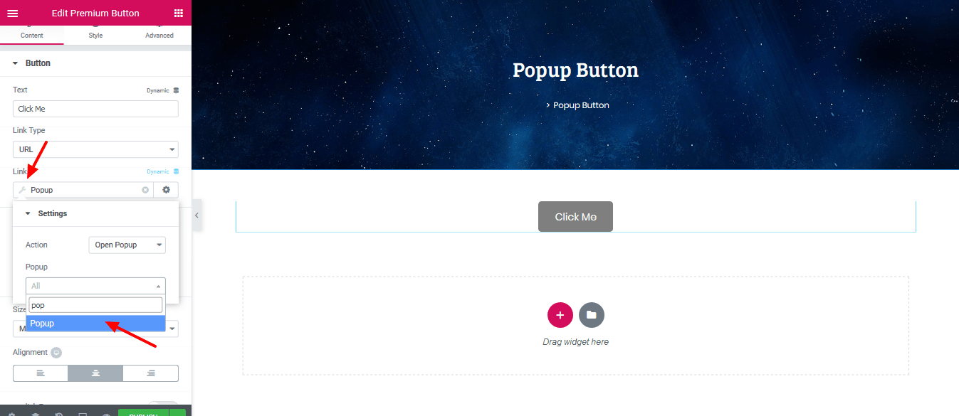 link pop-up to a button on elementor 